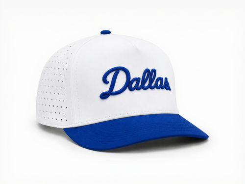 White and blue cap with 'Dallas' branding on a white background