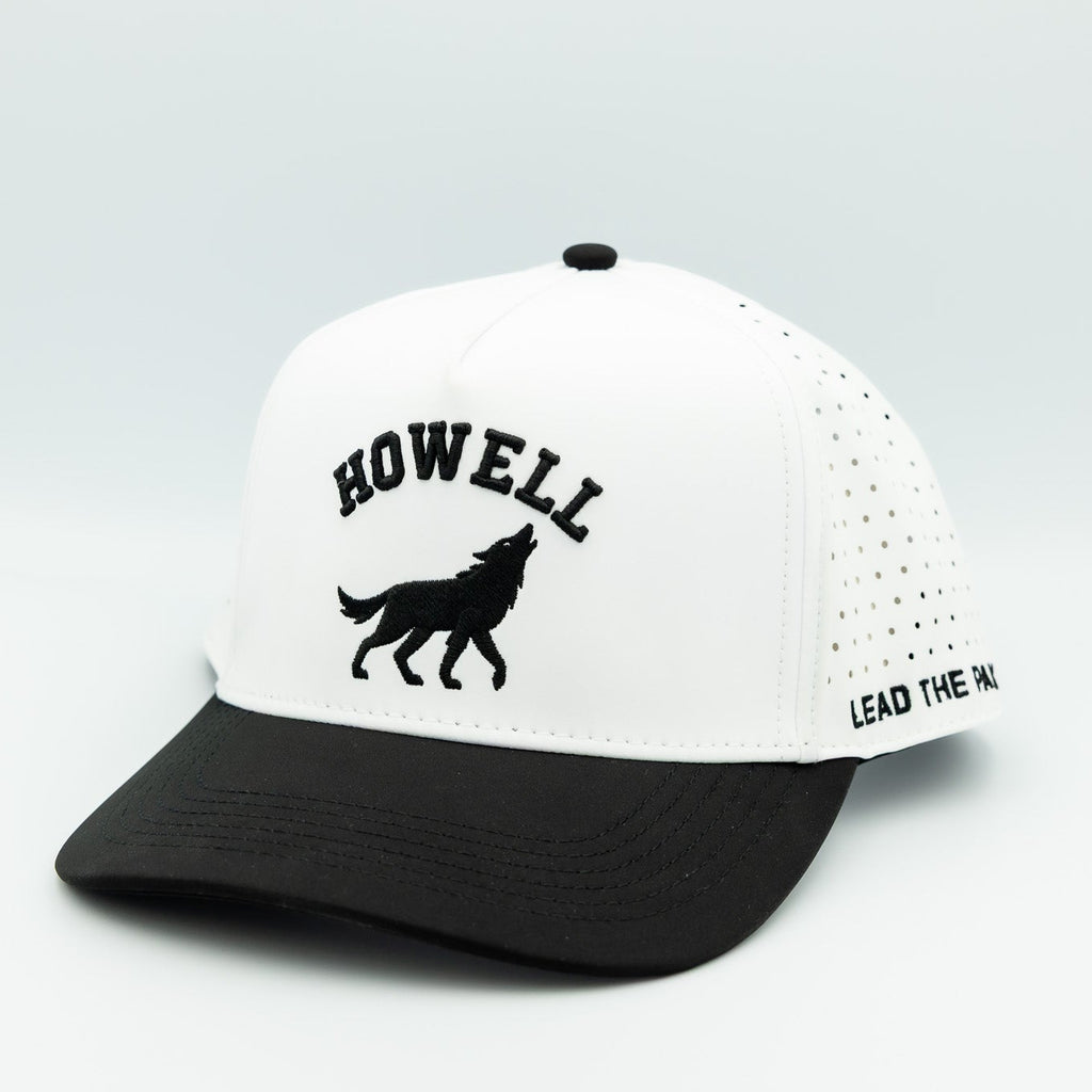 White and black cap with 'HOWELL' and wolf logo on a light gray background