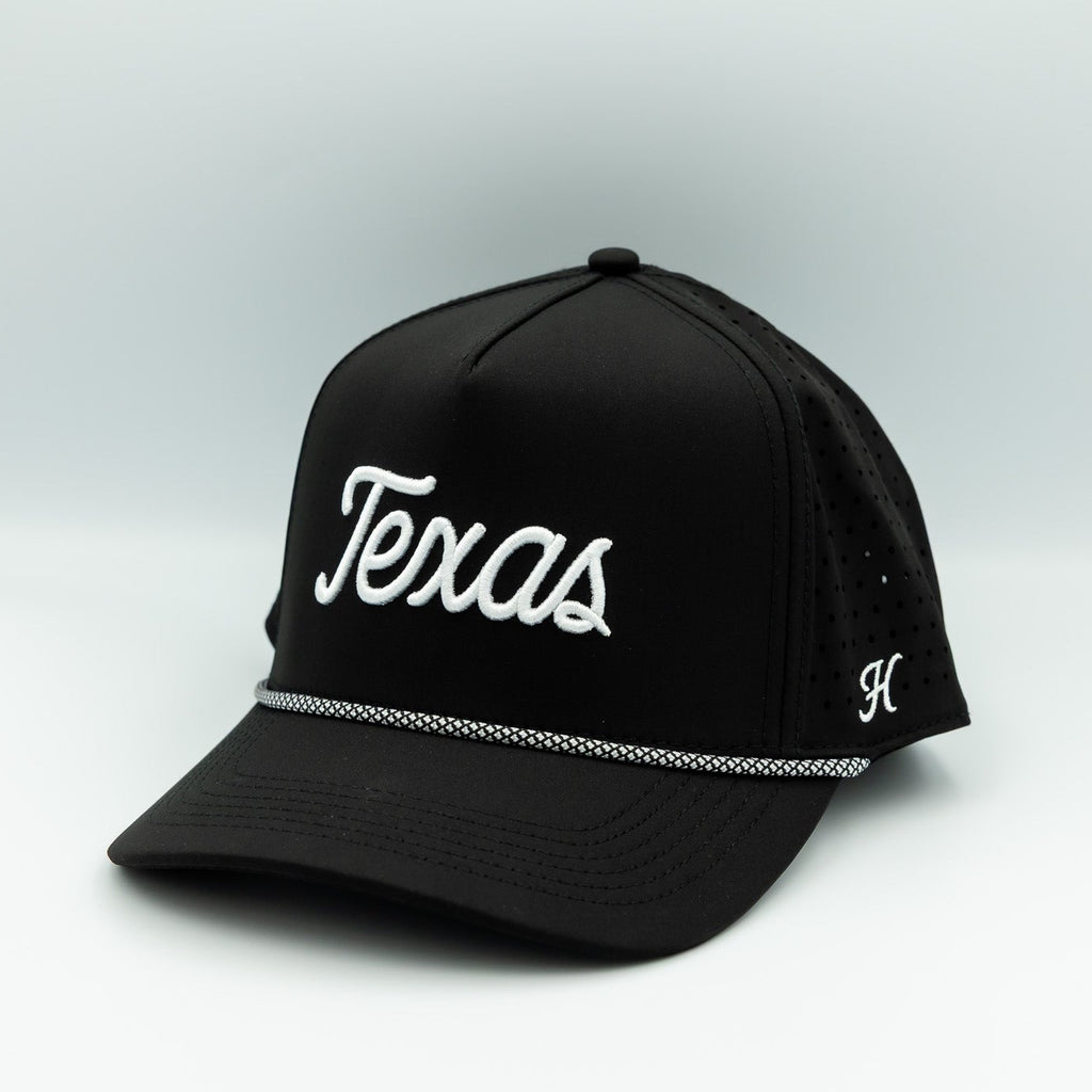 Black cap with 'Texas' text on a white background