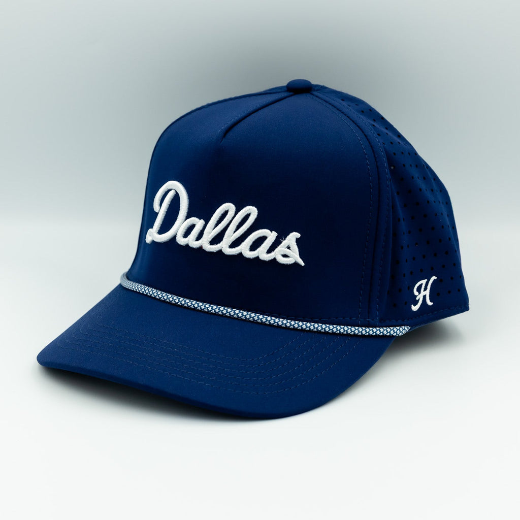 Blue cap with 'Dallas' text on a white background