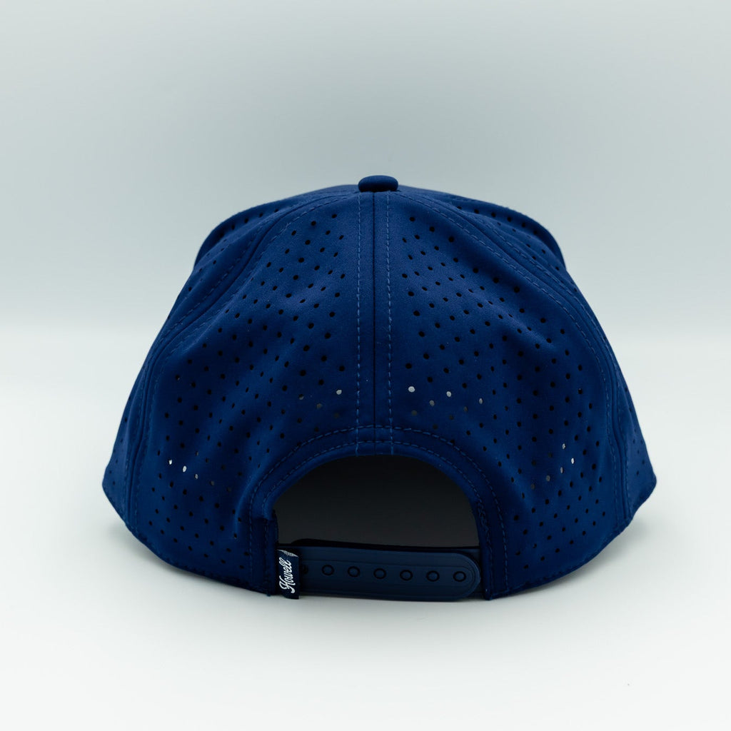 Navy blue baseball cap with a brand logo on the back against a white background